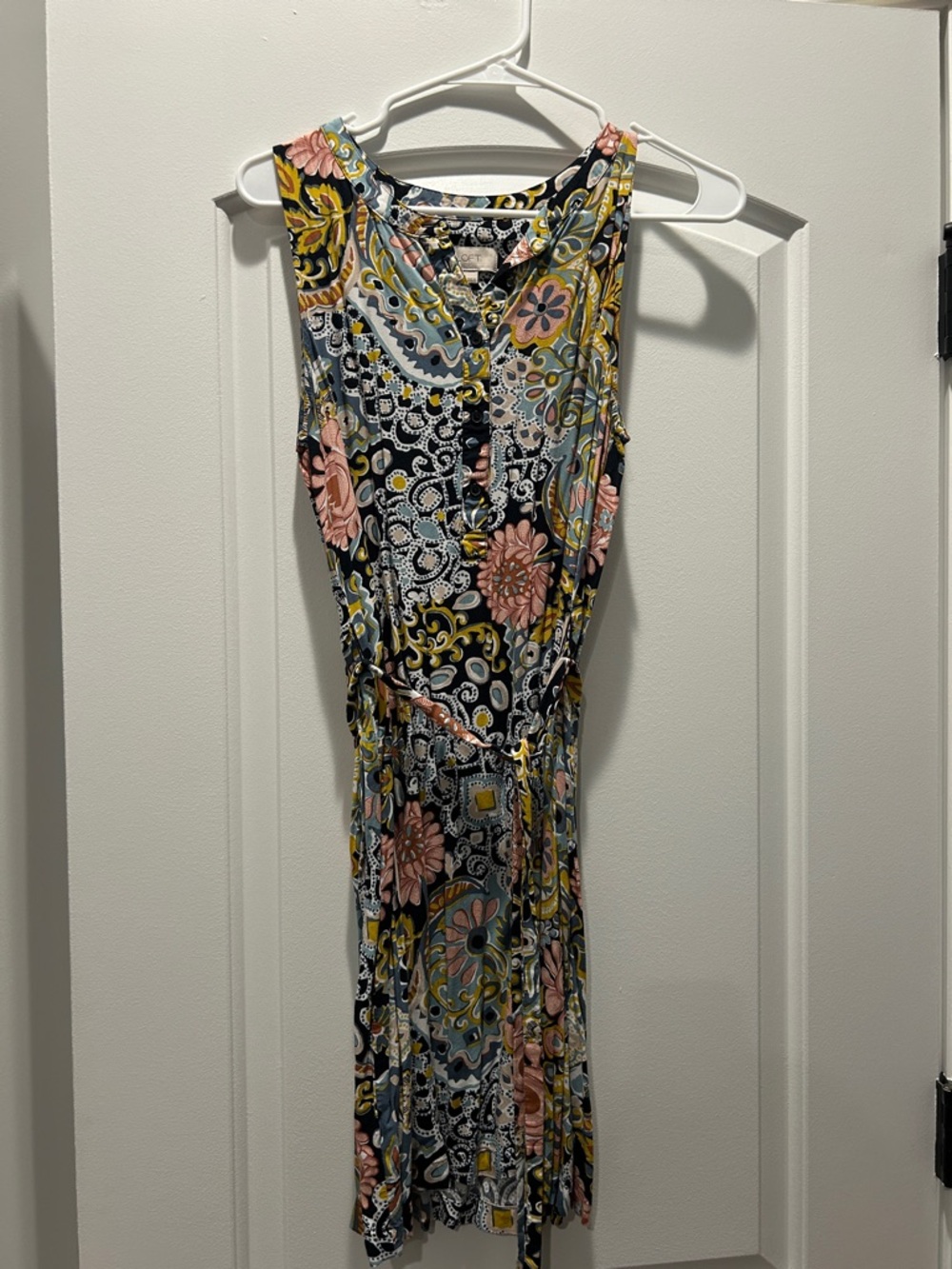 LOFT Black Midi Dress with Pink and Yellow Paisley Floral Print